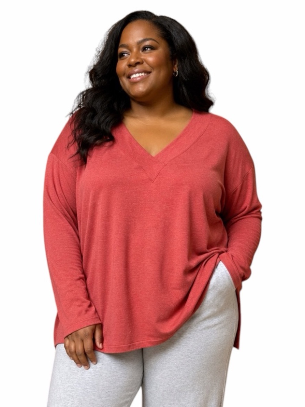 Market & Spruce 2X Orange Long Sleeve Knit V-neck Shirt Casual Loungewear
